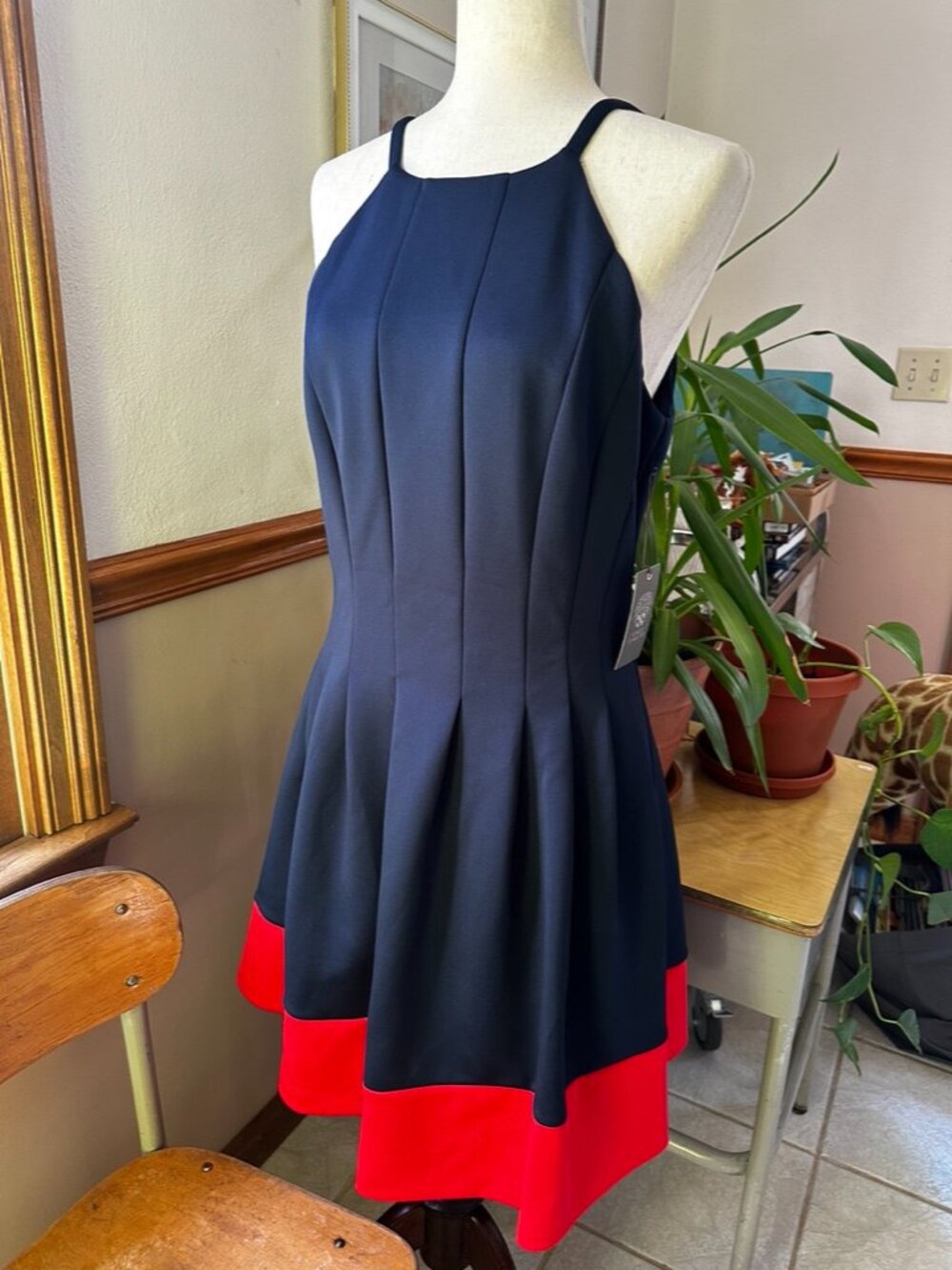 NWT Vince Camuto Navy Blue w/ Red Trim A-Line Dress, Size 12.